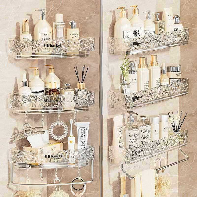 Triangular bathroom wall shelf organizer with Ice Glacier Pattern design made of durable PET material