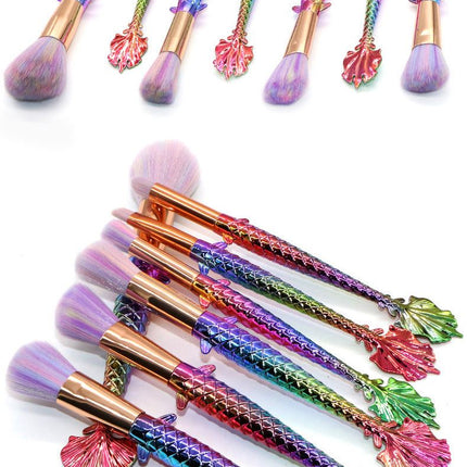7-piece makeup brush set with yellow-green gradient handles and soft rayon bristles
