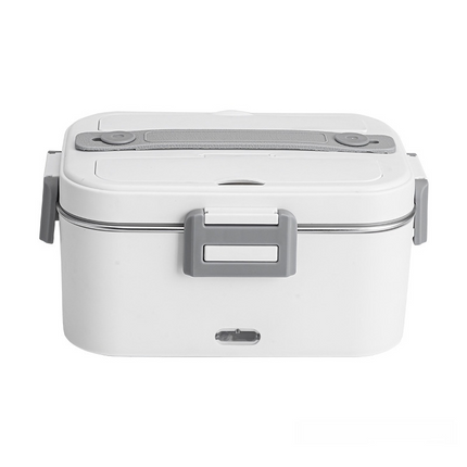 Portable electric lunch box plugged into a car outlet heating food evenly without water injection