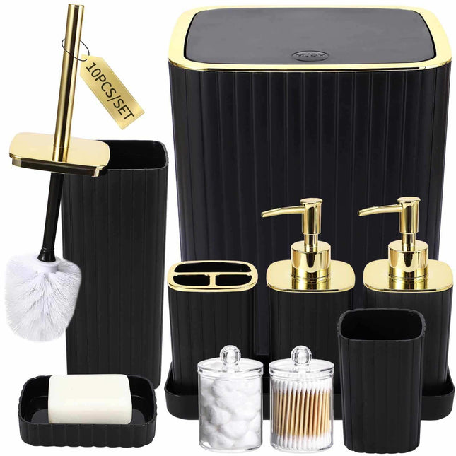 10-piece XLHOMO bathroom accessories set including soap dispensers, toothbrush holder, tumbler, vanity tray, soap dish, toilet brush, trash can, and plastic jars in durable black plastic