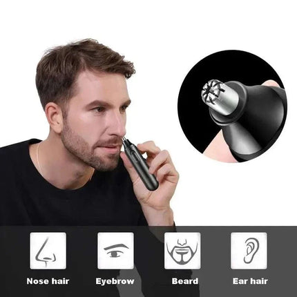 2-in-1 USB rechargeable nose and hair trimmer with stainless steel blades and washable body