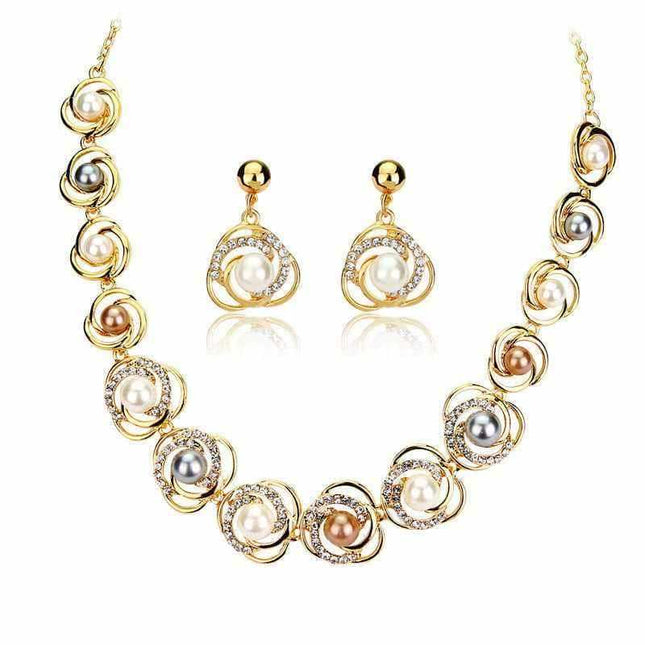 Saturn Ring Necklace Set with pearl earrings in elegant celestial design
