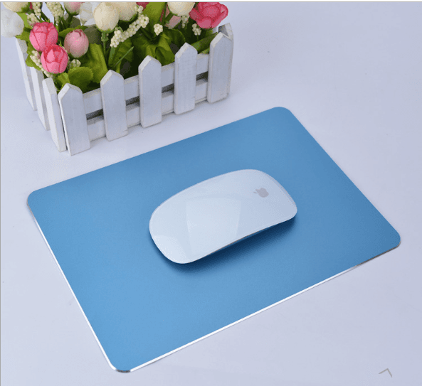 Customizable aluminum alloy mouse pad with laser-etched logo and smooth surface in multiple vibrant colors