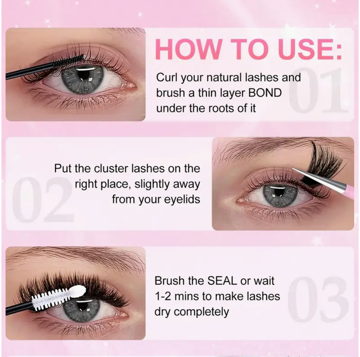 Close-up of UK Dropships individual eyelash clusters with D curl, 8-16mm, wide stem, reusable for natural, thick lash extensions.