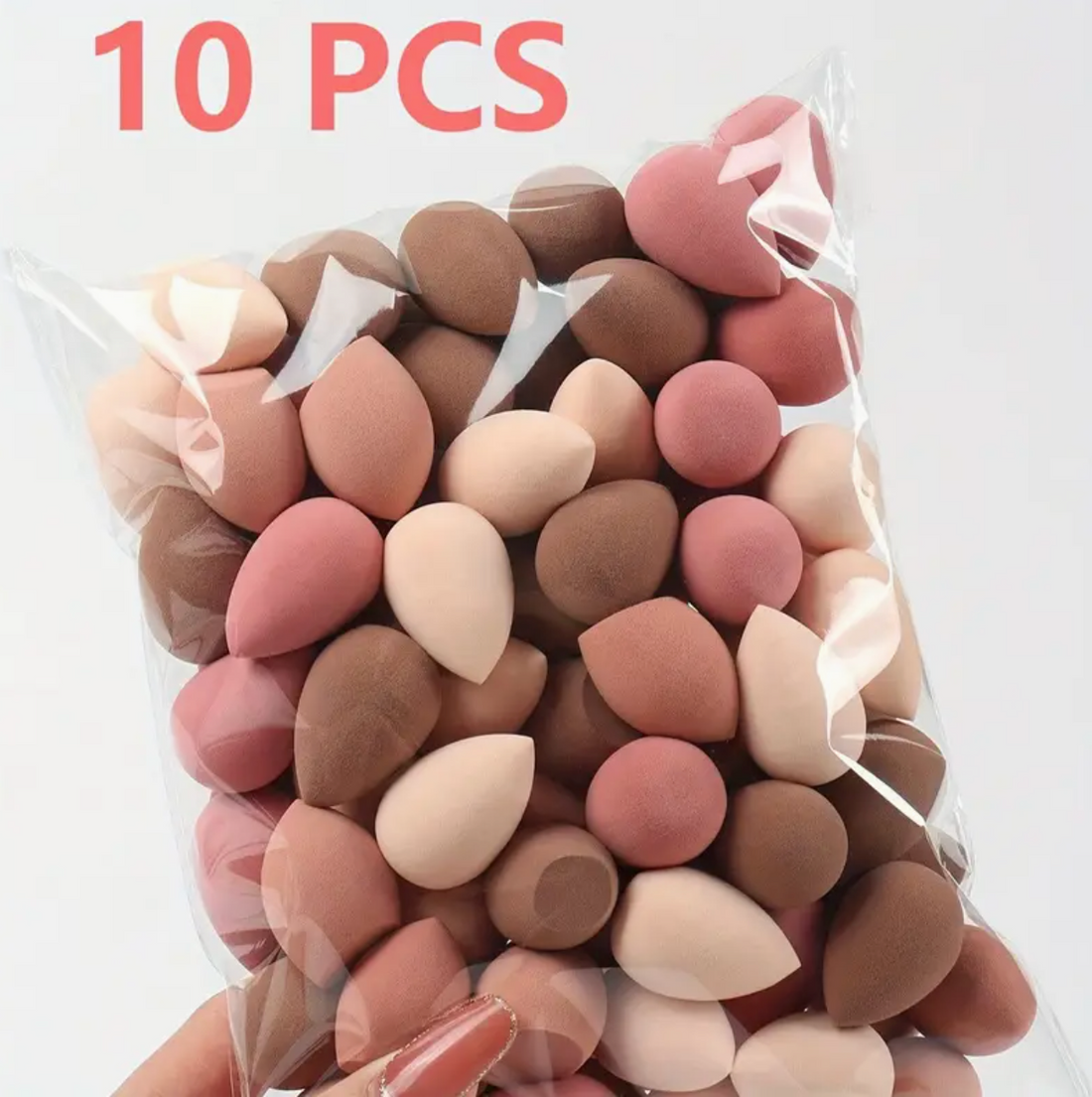 Set of 10 coffee-colored mini makeup sponges for blending and contouring, suitable for powder, liquid foundation, and concealer.