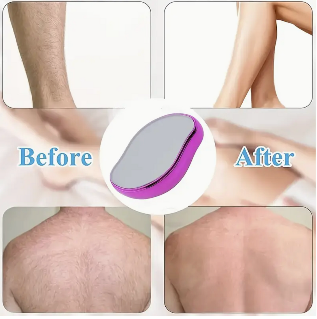 Crystal hair remover tool for men and women, waterproof and reusable, shown in blue with exfoliating and painless hair removal features.