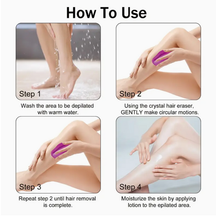 Crystal hair remover tool for men and women, waterproof, reusable, in blue, pink, beige, or purple, easy to use exfoliating hair removal device.
