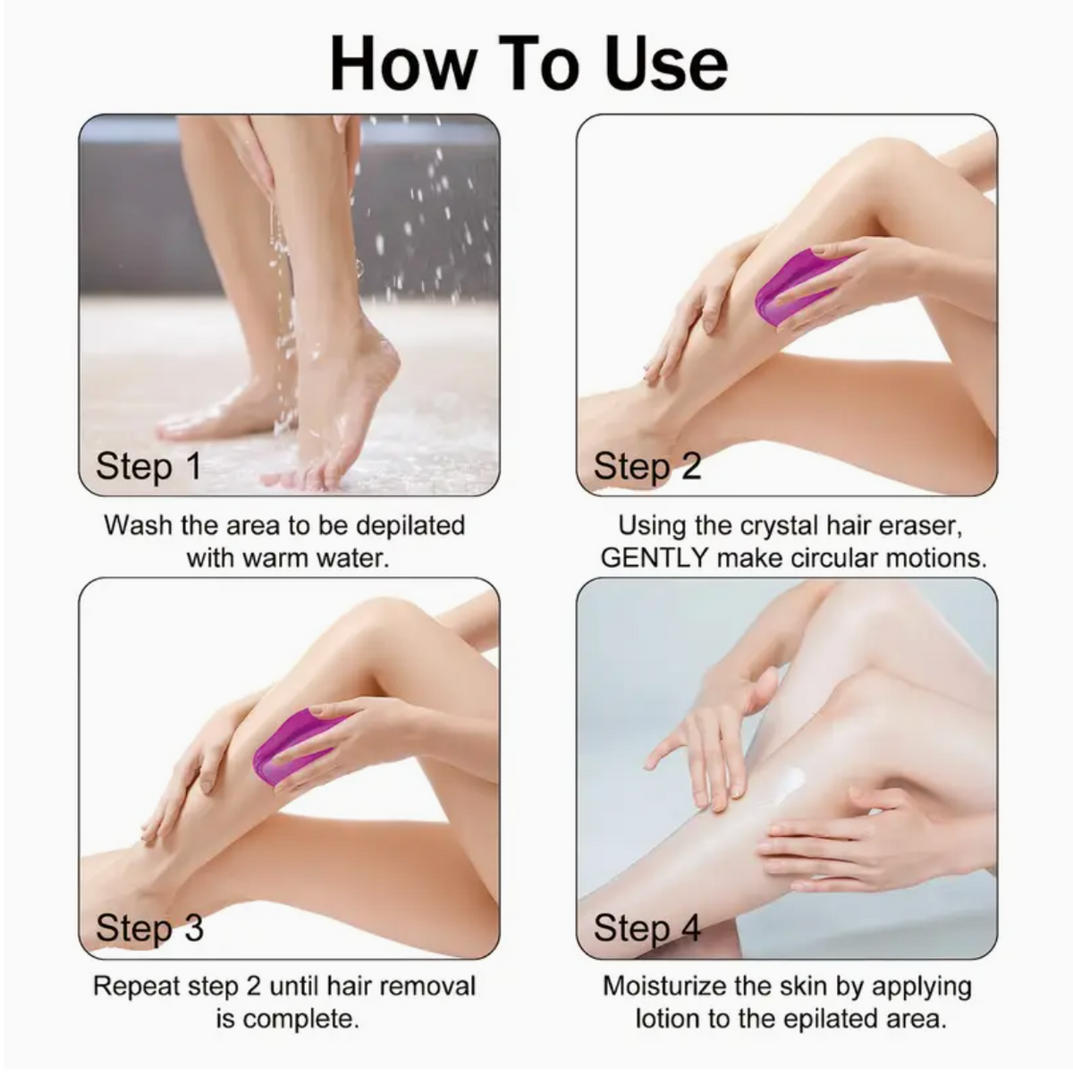 Crystal hair remover tool for men and women, waterproof, reusable, in blue, pink, beige, or purple, easy to use exfoliating hair removal device.