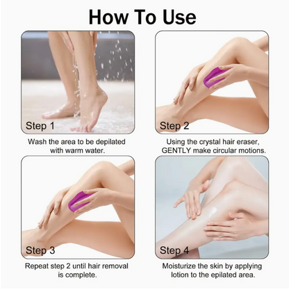 Crystal hair remover tool for men and women, waterproof, reusable, in blue, pink, beige, or purple, easy to use exfoliating hair removal device.