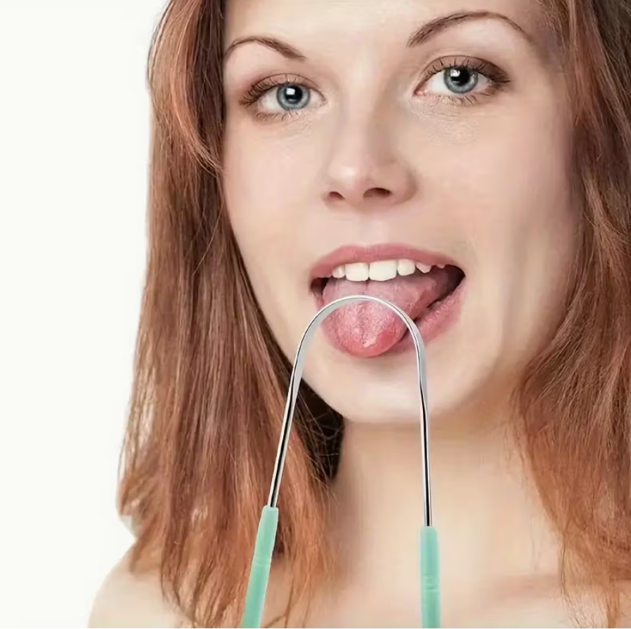 Reusable stainless steel tongue scraper with comfort grip, gentle for sensitive gums, individually wrapped for hygienic oral care.