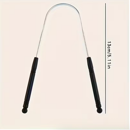 Reusable stainless steel tongue scraper with comfort grip, gentle for sensitive gums, individually wrapped for hygienic oral care.