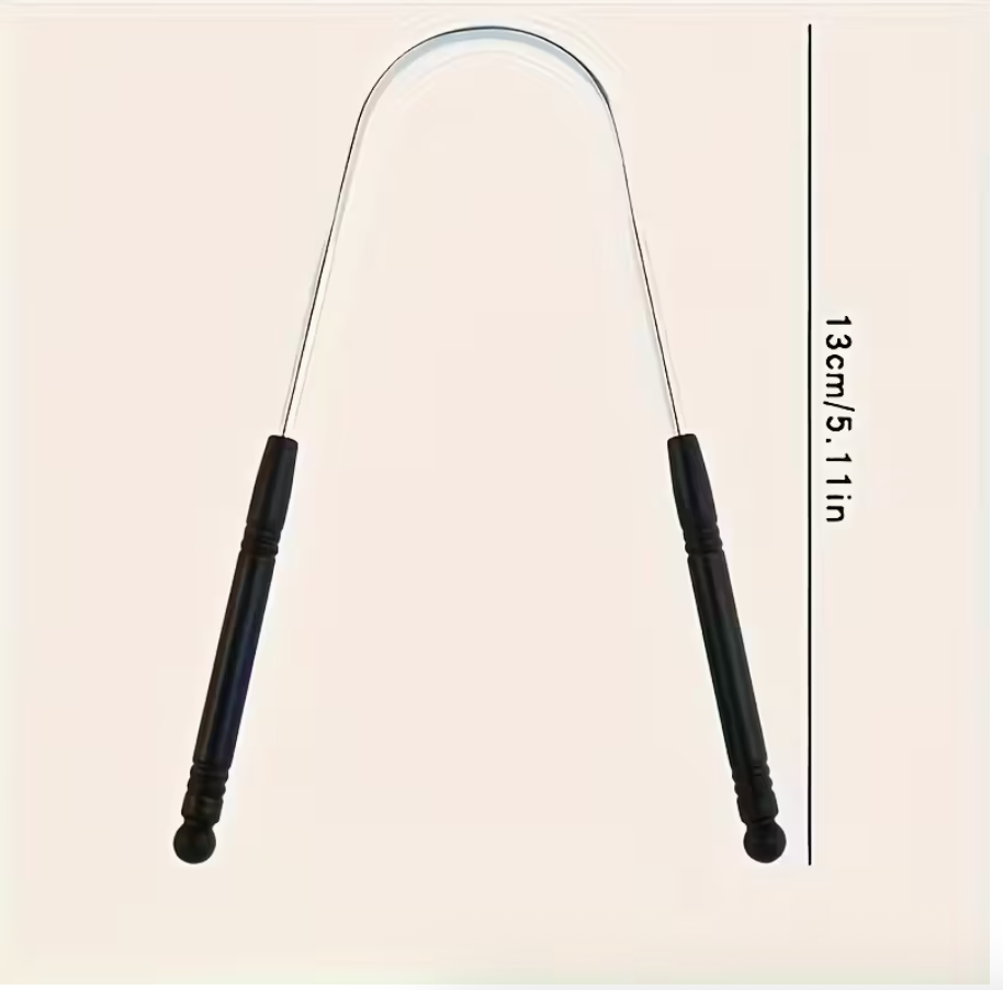 Reusable stainless steel tongue scraper with comfort grip, gentle for sensitive gums, individually wrapped for hygienic oral care.