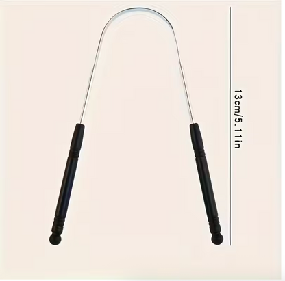Reusable stainless steel tongue scraper with comfort grip, gentle for sensitive gums, individually wrapped for hygienic oral care.