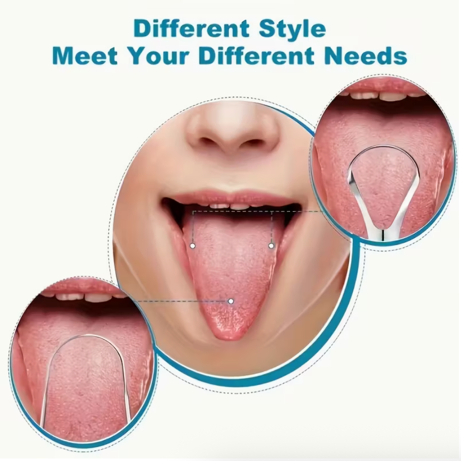 Reusable stainless steel tongue scraper with comfort grip, gentle for sensitive gums, individually wrapped for hygiene.