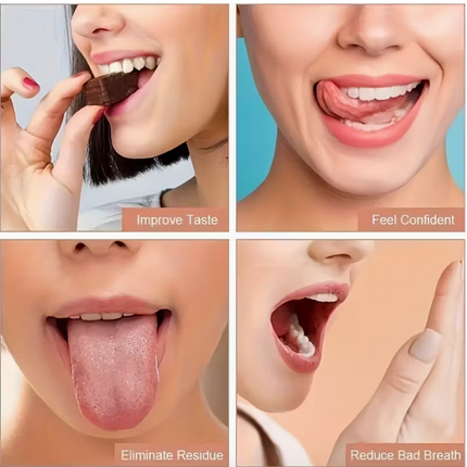 Reusable stainless steel tongue scraper with comfort grip, gentle for sensitive gums, individually wrapped for hygiene.