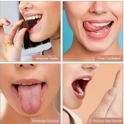Reusable stainless steel tongue scraper with comfort grip, gentle for sensitive gums, individually wrapped for hygiene.