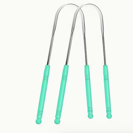 Reusable stainless steel tongue scraper with comfort grip, gentle for sensitive gums, individually wrapped for hygienic oral care.