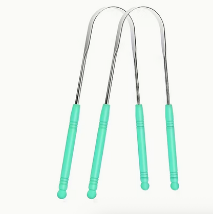 Reusable stainless steel tongue scraper with comfort grip, gentle for sensitive gums, individually wrapped for hygienic oral care.