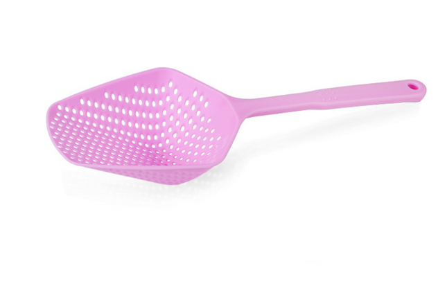 Plastic water strainer spatula and ice shovel in multiple colors with hanging hole design