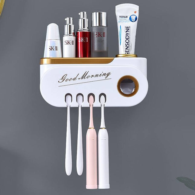 Creative ABS toothbrush holder with integrated toothpaste squeezer in platinum color on bathroom counter
