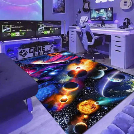 Colorful 3D video game pattern area rug with cosmic planet design for teen room decor