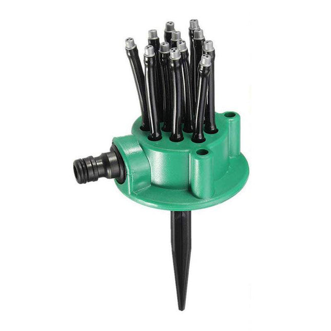 360-degree automatic multi-head garden sprinkler in green plastic with multiple spray heads