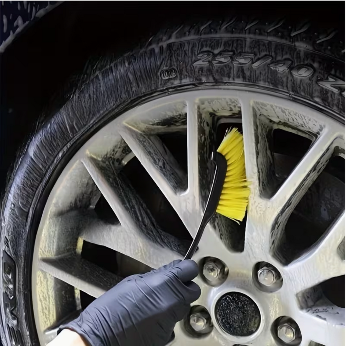 1pc Multi-Use Car Wheel Brush – Yellow Bristle Detailing Brush with Black Ergonomic Handle