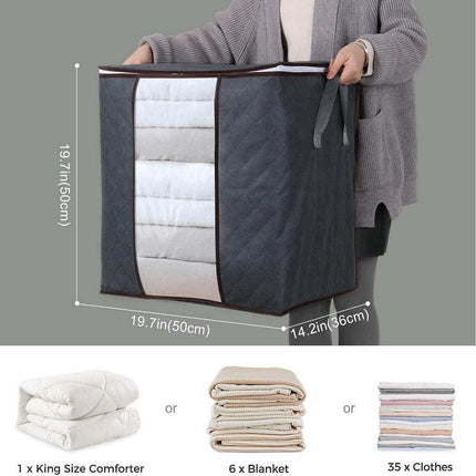 Cube-shaped dustproof storage bags in grey, dark blue, and beige white for bedding and clothes organization