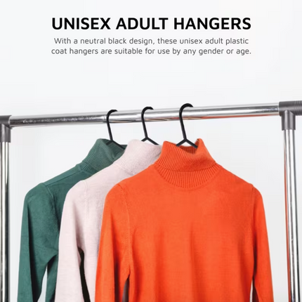 10 Pcs Adult Coat Hangers for Clothes – Black Plastic Hangers with Trouser Bar & Anti-Slip Lips (37cm Wide)