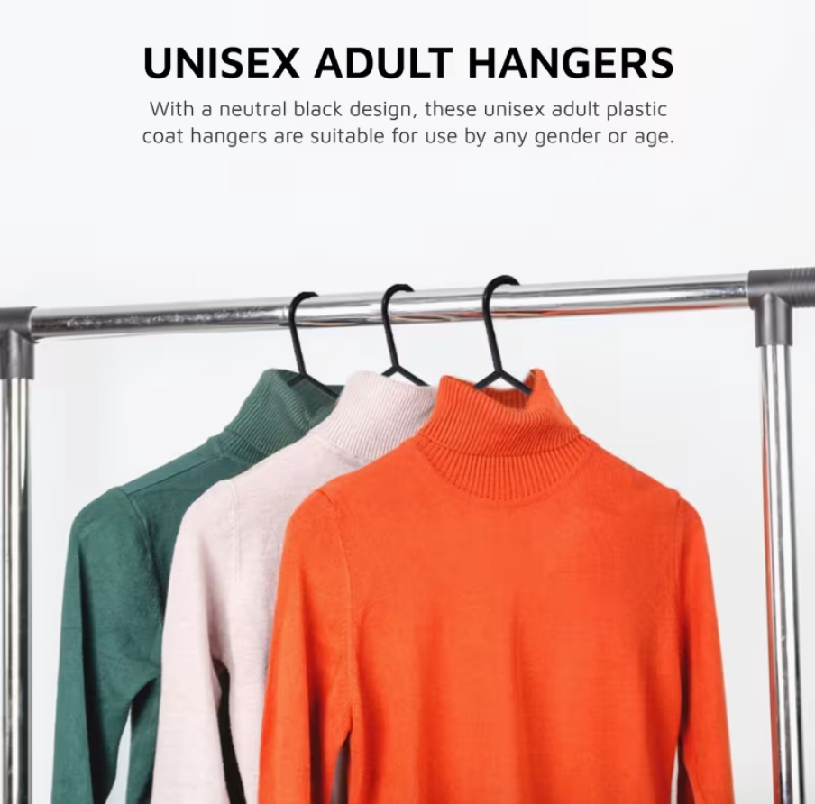 10 Pcs Adult Coat Hangers for Clothes – Black Plastic Hangers with Trouser Bar &amp; Anti-Slip Lips (37cm Wide)