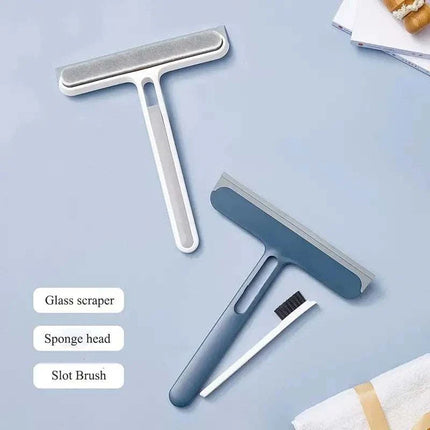 3-in-1 glass cleaning brush with handle, sponge, squeegee, and ergonomic grip for streak-free cleaning