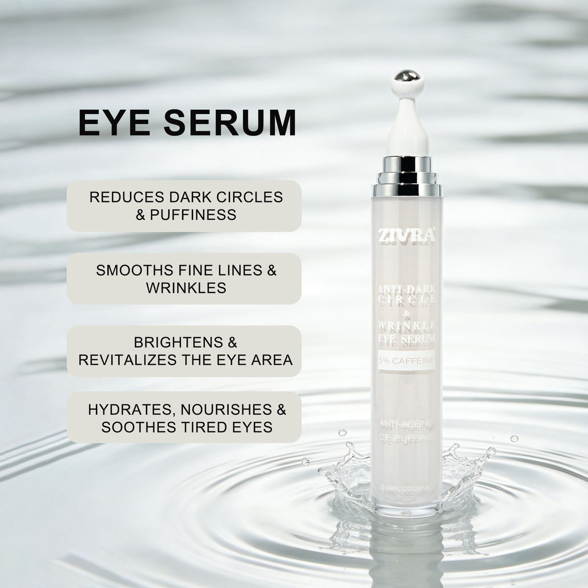 ZIVRA Anti Dark Circle Eye Serum – 5% Caffeine | Anti-Ageing &amp; De-Puffing | 20ml | 360° Roller Applicator