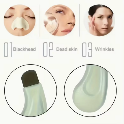 Light green textured facial pore cleanser brush with ergonomic handle, ideal for blackhead removal and gentle skin cleansing.