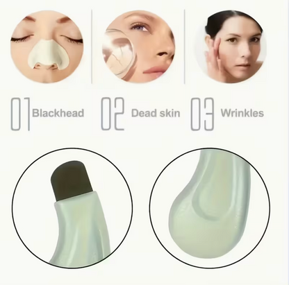 Light green textured facial pore cleanser brush with ergonomic handle, ideal for blackhead removal and gentle skin cleansing.