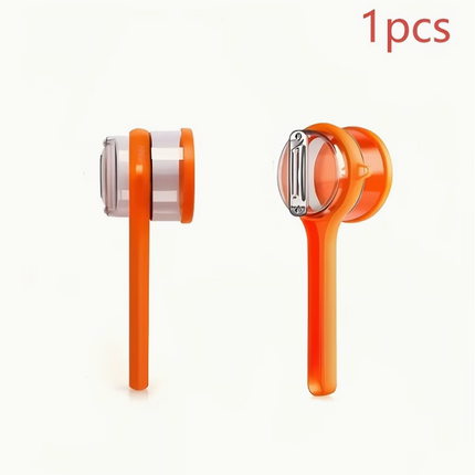 Stainless steel storage peeler with container and serrated blade, ideal for food prep and kitchen organization.