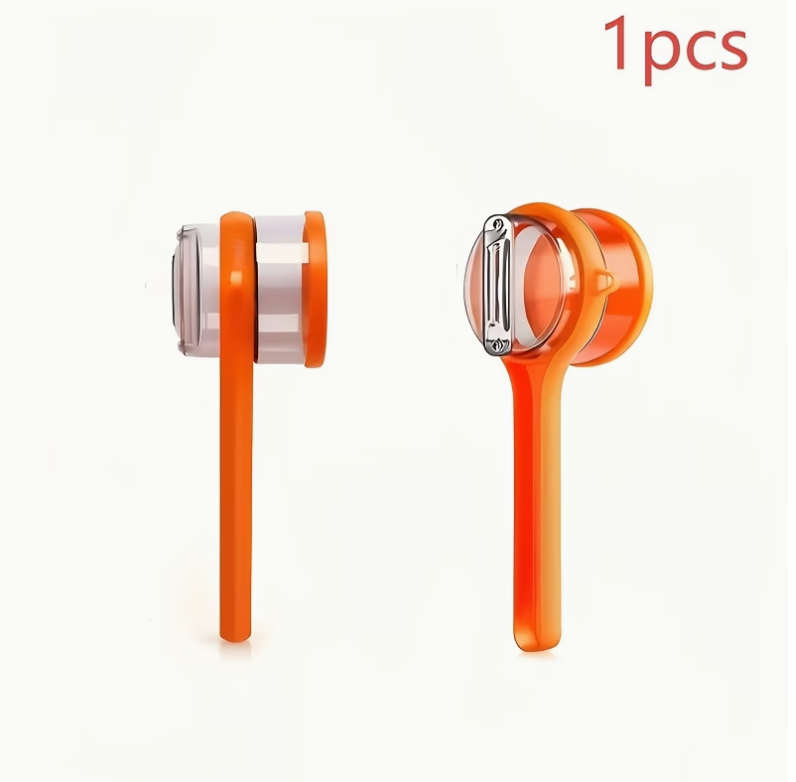 Stainless steel storage peeler with container and serrated blade, ideal for food prep and kitchen organization.