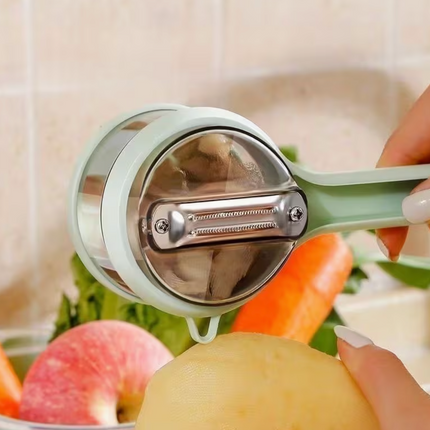 Stainless steel storage peeler with container and serrated blade, ideal for kitchen prep and food storage in home and garden use
