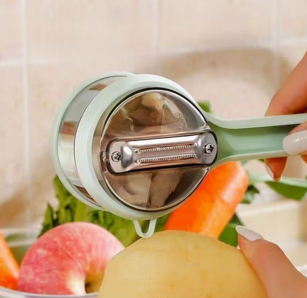 Stainless steel storage peeler with container and serrated blade, ideal for kitchen prep and food storage in home and garden use