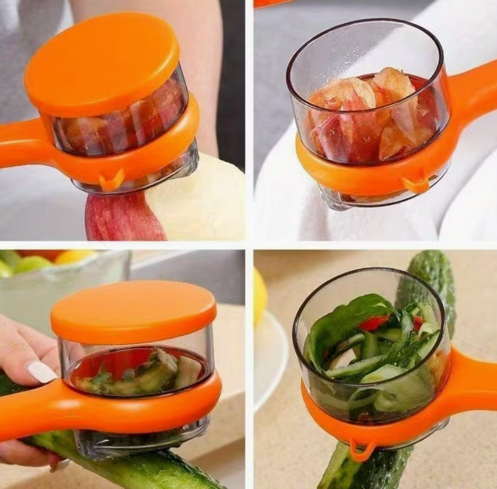 Food-grade stainless steel storage peeler with serrated blade and container, ideal for kitchen and home use.