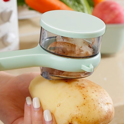 Stainless steel storage peeler with container and serrated blade, ideal for kitchen prep and food storage.