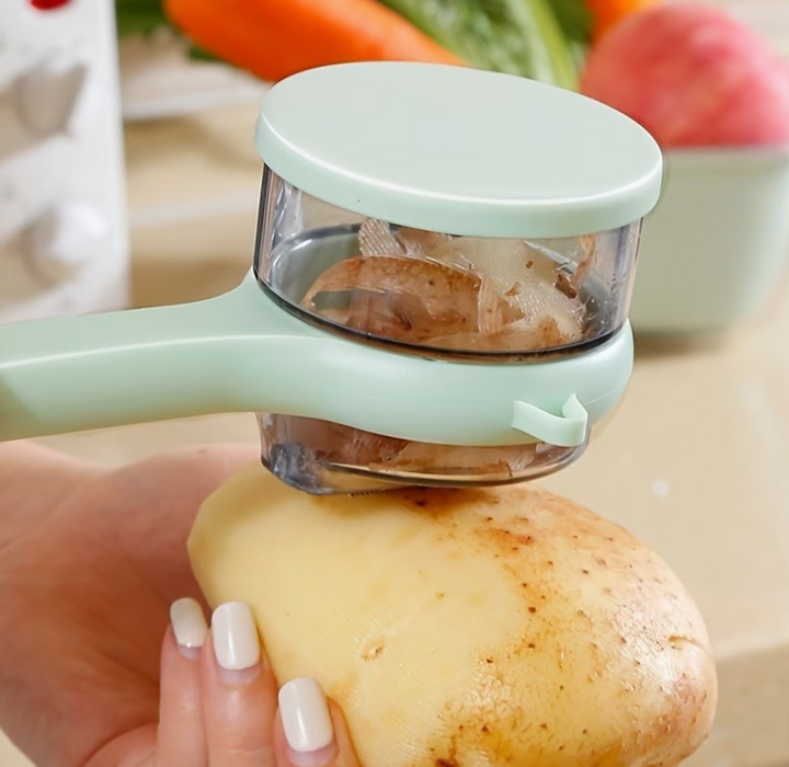 Stainless steel storage peeler with container and serrated blade, ideal for kitchen prep and food storage.