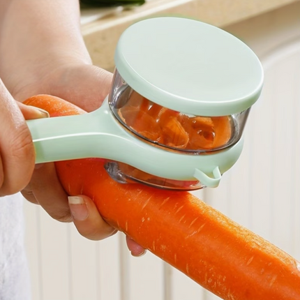 Stainless steel storage peeler with container and serrated blade for kitchen prep, versatile and food-grade durable design.