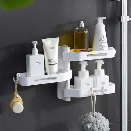 Rotating storage rack in black and white ABS material with multiple layers and 360-degree rotation for bathroom and kitchen organization