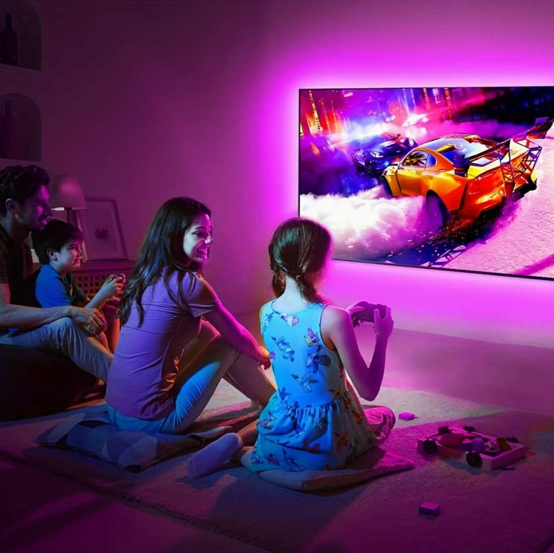 RGB multicolor LED strip with 5050 lights, mini controller, suitable for TV, projector, laptop backlighting and home decor.