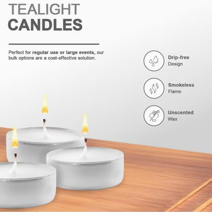 15 pcs Unscented Tea Lights Candles – 3.5 Hour Burn | White Multipack