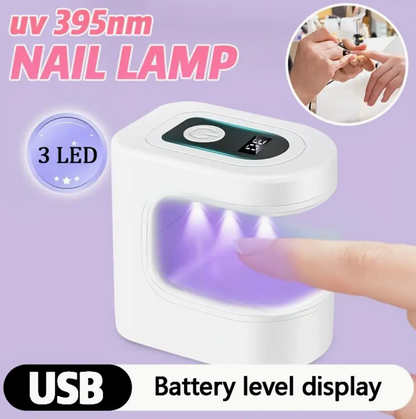 Mini portable USB rechargeable LED nail lamp with countdown timer, compact design for gel nails at home, salon, or travel.