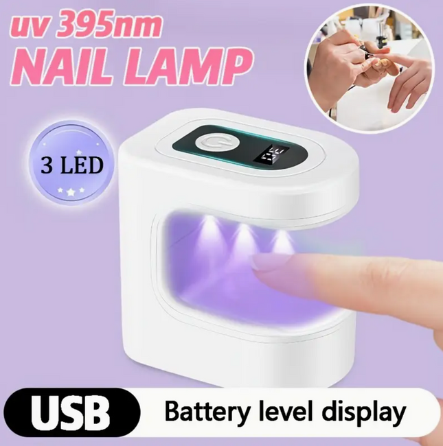 Mini portable USB rechargeable LED nail lamp with countdown timer, compact design for gel nails at home, salon, or travel.