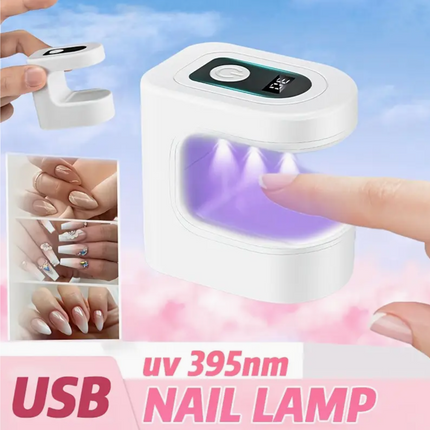Mini portable UV nail lamp with USB, LED light, countdown timer, and power button, ideal for gel nails at home or on the go.