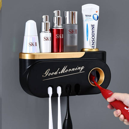 Creative toothbrush holder with integrated toothpaste squeezer in sleek ABS material, available in three elegant colors, ideal for clutter-free bathroom organization.