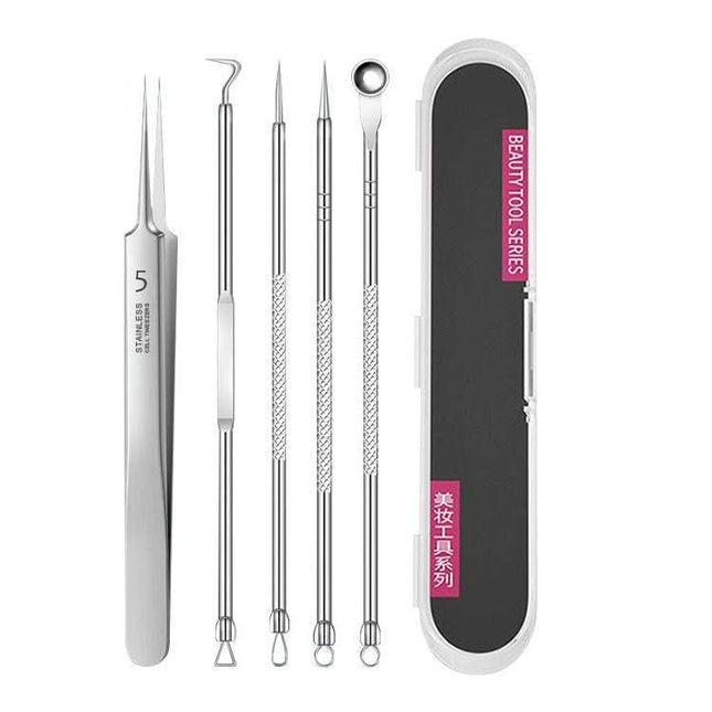Stainless Steel Acne Clip set with various precision extraction tools and plastic storage box for safe skincare use